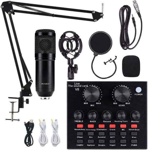 Condenser Microphone,  Condenser Microphone Bundle with V8 Live Sound Card for Live Streaming, Singing, YouTube, Gaming, BM 800 Condenser Microphone Kit with Cardioid Design for Gamer (Black) - Image 5