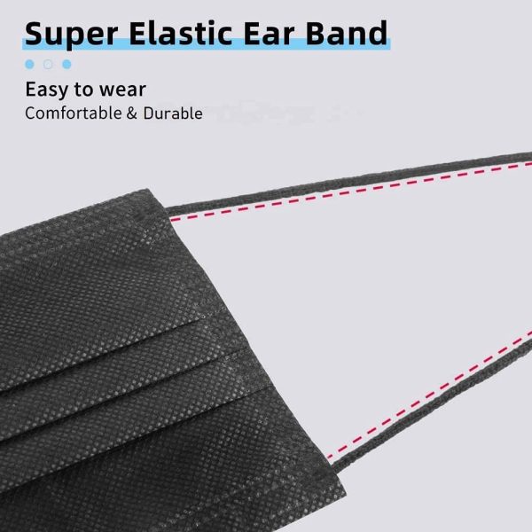 50 pcs TOSSI Black Face Masks with Ear Loops, 3-ply Non-woven Disposable, Comfortable & Breathable with Adjustable Metal Nose Strip - Image 3