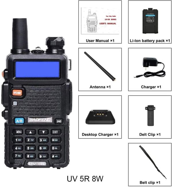 UV-5R 8W Ham Radio Full Kit with 3800mAh Battery, Hand Mic, Acoustic Tube Earphone, Cable, Antenna, Radio Case, Car Charger Adapter - Image 4