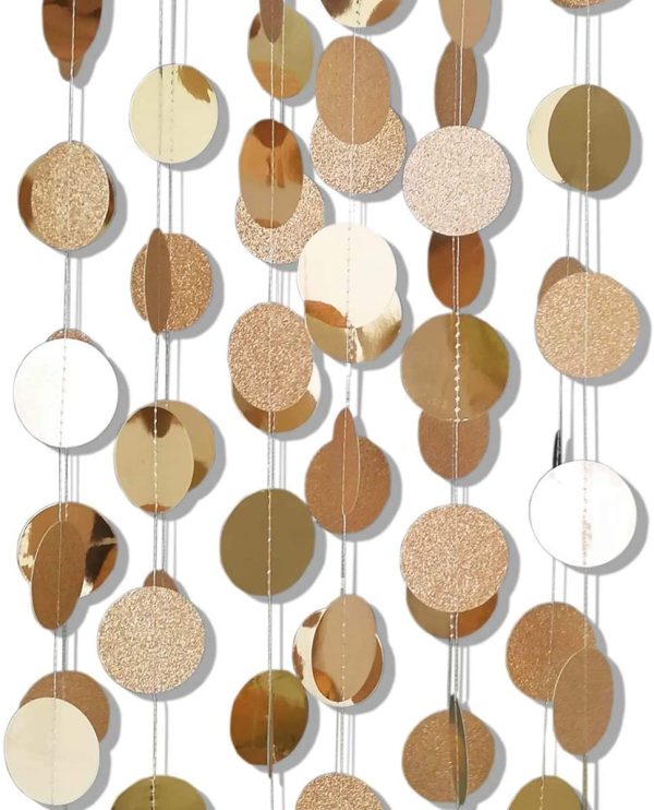 6 Pcs Glitter Champagne Gold Paper Circle Dots Garland (52 Feet) Party Hanging Bunting Birthday Party Decorations Engagement Party Bridal Shower Wedding Baby Shower Christmas Supplies Photo Backdrop