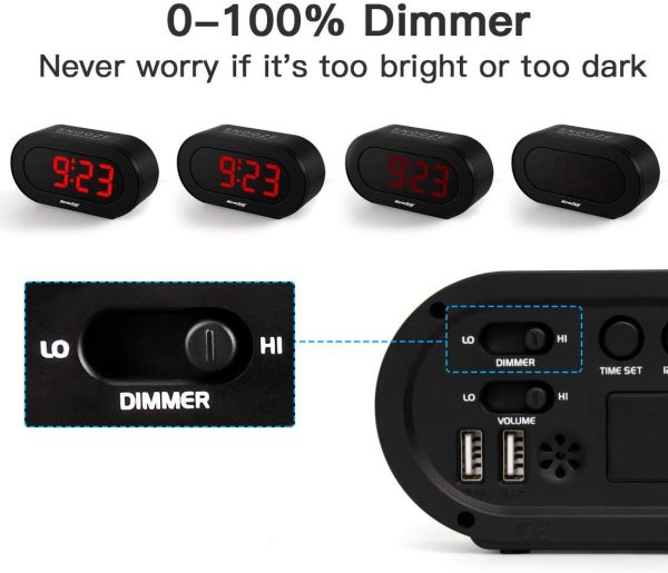 Small LED Digital Alarm Clock with Simple Operation, Full Range Brightness Dimmer, USB Phone Charger Port, Easy Snooze, Adjustable Alarm Volume, Outlet Powered for Bedrooms Bedside(Black) - Image 5