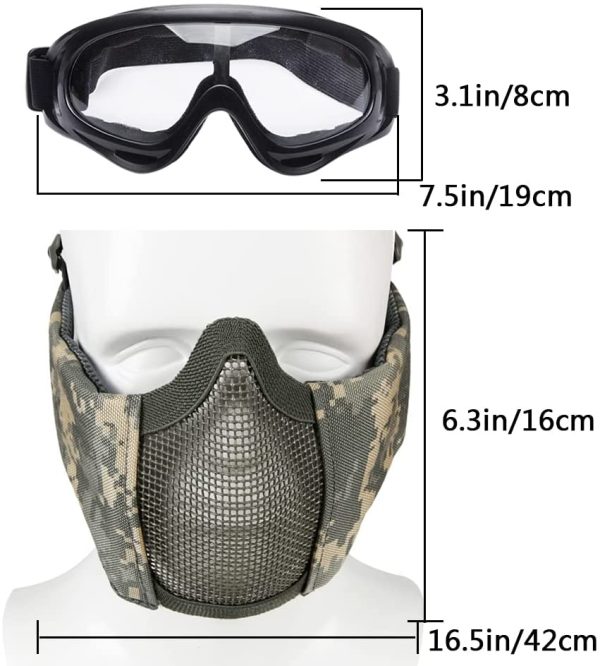 AOUTACC Airsoft Protective Gear Set, Half Face Mesh Mask with Ear Protection and Tactical Goggles for BBS Paintball Shooting CS Survival Games Cosplay - Image 3