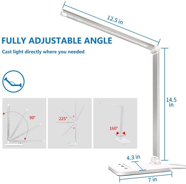 LED Desk Lamp, Eye-Caring Table Lamps, 5 Modes, 10 Brightness Levels, Touch Control, Adjustable Table lamp with USB Charging Port, Auto Timer 30 / 60min,For Office,Home, Reading, Studying, Working, White