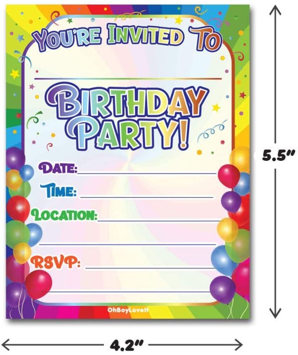 Rainbow Birthday Party Invitations with Envelopes | Kids Birthday | Gender Neutral, Invitations for Girls, Invitations for Boys | with Birthday Sticker