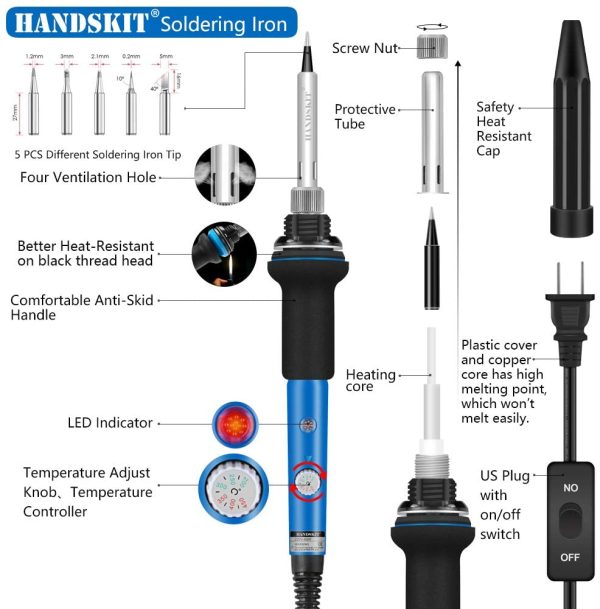 Soldering Iron, Soldering Iron Kit Electronics, 60W Adjustable Temperature Welding Tool, 5pcs Soldering Iron Tip, Soldering Iron Stand, Desoldering Pump, Tweezers, Solder Wire, Carry Bag - Image 7