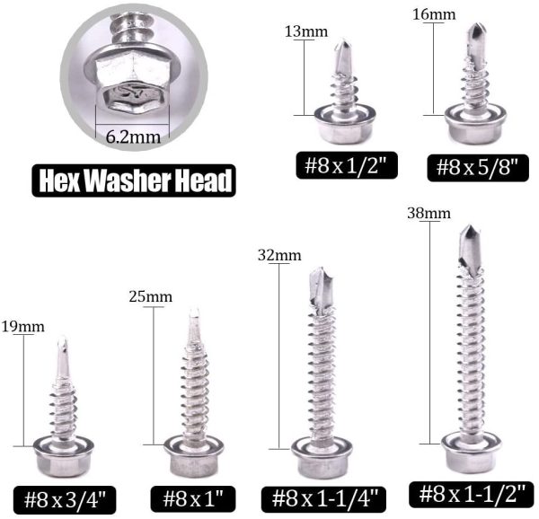 410 Stainless Steel #8 Hex Washer Head Self Drilling Sheet Metal Tek Screws Assortment Kit Set with Drill Point, Self Driller, 200 Pieces - Image 3