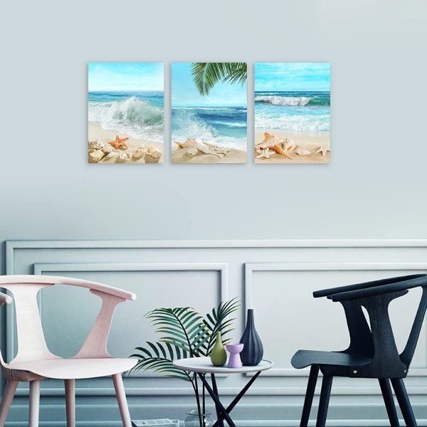 Beach Canvas Wall Art Blue Sea Tropical Beach Landscape Canvas Pictures for Wall Decor Seashell Seastar Conch on Sands Canvas Prints Artwork for Bathroom Living Room Wall Decor 30 X 40 CM X 3 Pieces - Image 3