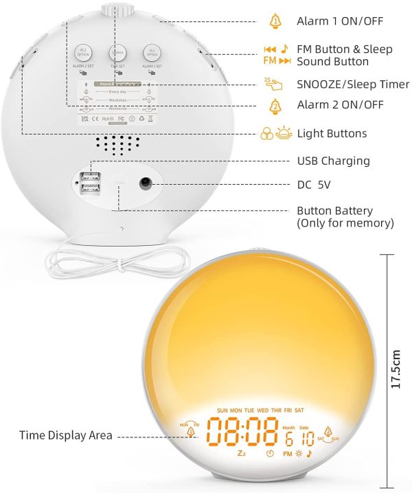 Wake Up Light, Sunrise Alarm Clock for Heavy Sleepers, 6 Colors & 4 Effects Night Light, with Dual Alarms, Sunrise Simulation, Sleep Aid & FM Radio/7 Natural Sounds/Snooze for Kids Adults Bedrooms [2022 New Version] - Image 9