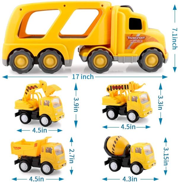 Construction Truck Toys for 3 4 5 Years Old Toddlers Kids Boys and Girls, Car Toy Set with Sound and Light, Play Vehicles in Friction Powered Carrier Truck, Small Crane Mixer Dump Excavator Toy - Image 6