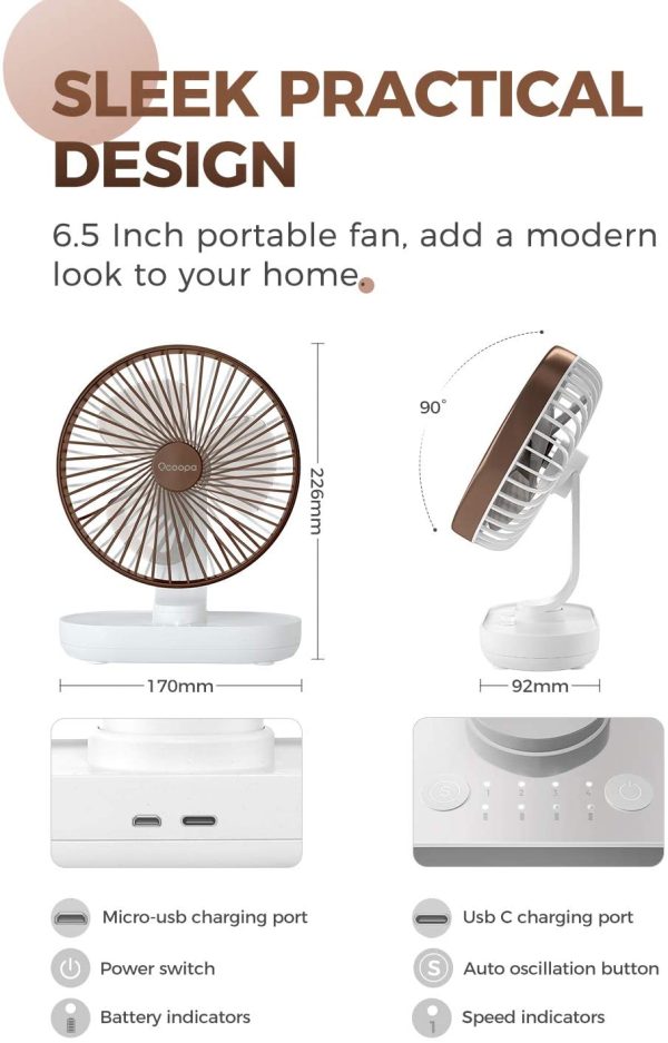 Desk Fan, Auto Oscillating 6.5 Inch Quiet Battery Fan, 4 Speeds Strong Table top Silent Cooling, 4000 mAh Usb Rechargeable Battery Operated for Home, Bed, Office, Brown - Image 5