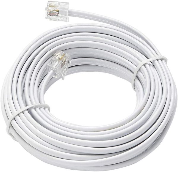 Telephone Extension Line Cord Cable Wire, Land Phone line, White, 25ft, Starndard RJ11 Plugs