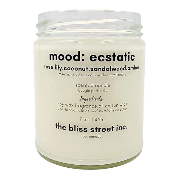 Mood: Ecstatic | Highly Scented Soy Wax Candle | Fragrance Notes: Rose.Lily.Coconut.Sandalwood.Amber | 7 oz. | Burn time 45-50 hours | Non-Toxic | Handmade | Made With All-natural Soy Wax