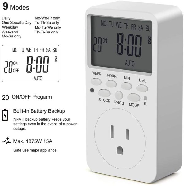 Outlet Timer, Digital Programmable Timer,  7 Day Weekly Heavy Duty Smart Indoor Timer for Electric Outlets, Wall Timer Switch Grounded - Image 2