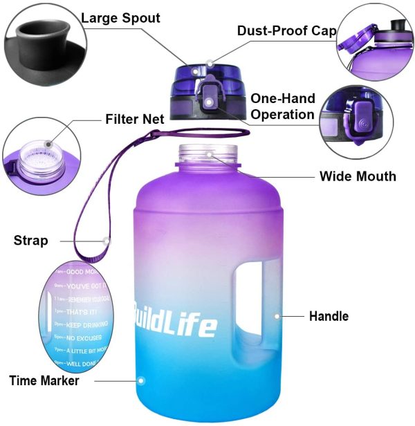 BuildLife Gallon Motivational Water Bottle Wide Mouth with Time Marker/Flip Top Leak Proof Lid/One Click Open/BPA Free/Multiple Sizes & Colors for Fitness Goals - Image 3