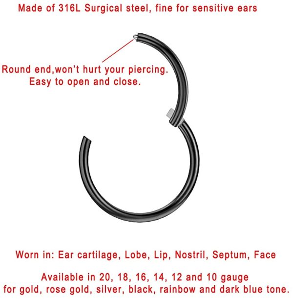 316l Surgical Steel Hinged Nose Rings Hoop 20G 18G 16G 14G 12G 10G, Diameter 5mm to 16mm, Color Gold - Rose Gold - Silver - Black - Rainbow