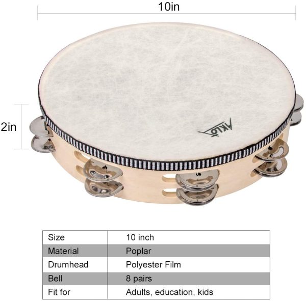 AKLOT 10" Tambourine Hand Held Drum 8 Pairs Double Row Metal Bell Jingles Beech Percussion Musical Educational Instrument for Party Kids Dance & Song Accompaniment - Image 5