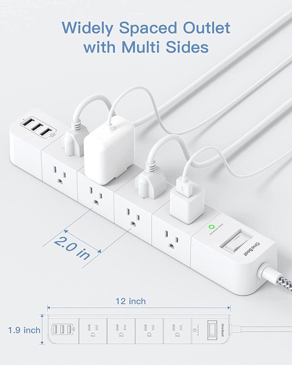 Power Bar Power Strip Surge Protector - 8 Widely AC Outlets 3 USB, 5 ft Extension Cord, Flat Plug, Desktop Charging Station with Overload Protection, Wall Mount for Home, Office, Travel - Image 4