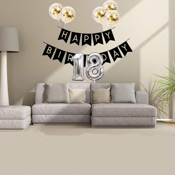 Meowoo Happy Birthday Banner Kit, Happy Birthday Bunting Golden Aluminum Film with  Gold Confetti Latex Balloons Party Decorations for Kids Girls(Black) - Image 5