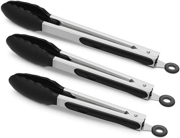 3 Pack Black Kitchen Tongs, Premium Silicone BPA Free Non-Stick Stainless Steel BBQ Cooking Grilling Locking Food Tongs, 9-Inch 10-Inch & 12-Inch - Image 4