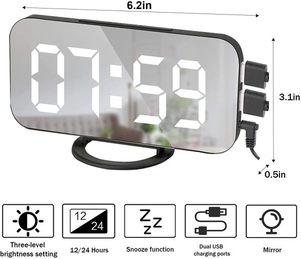 Digital Alarm Clock, 7" Alarm Clocks for Bedrooms, Large Display Mirror Surface Alarm Clock with USB Charger 12/24H,Snooze,Auto Dimmer Mode,for Office Bedroom Nightstand Desk-Black