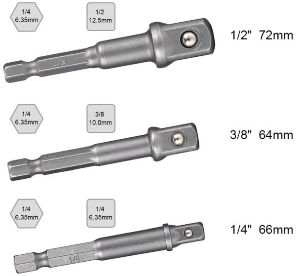 3-Piece Power Hand Tools Driver Extension Socket Adapter Sets, 1/4-Inch Hex Shank to Drive 1/4" 3/8" 1/2" for Drill CR-V Quick Change Nut Driver Socke Bit Set Adapters to Use with Drill Chucks - Image 4