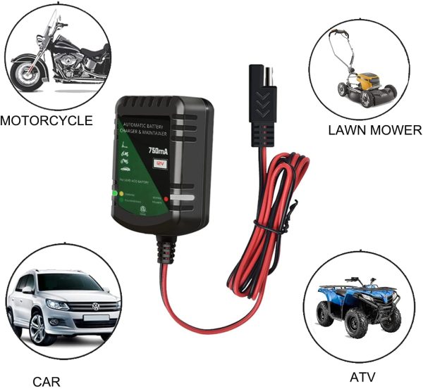 12 Volt Battery Charger Smart Automatic Battery Charger and Maintainer 12V Intelligent Trickle Charger 0.75A for Automotive Car Motorcycle Lawn Mower Boat ATV Sealed Lead Acid Batteries - Image 5