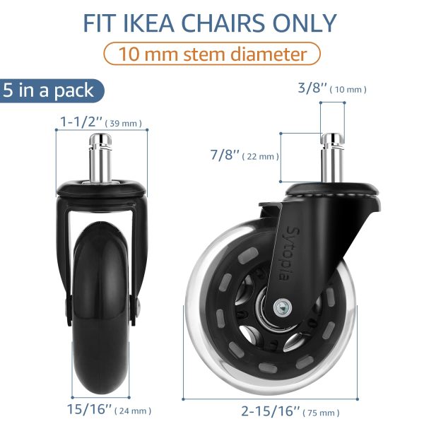 Sytopia Office Chair Caster Wheel Replacement Suitable for All Floors and Carpets, Heavy Duty, Floor Protecting, 10x22 mm (FIT IKEA Chairs ONLY, Matte Black) - Image 2