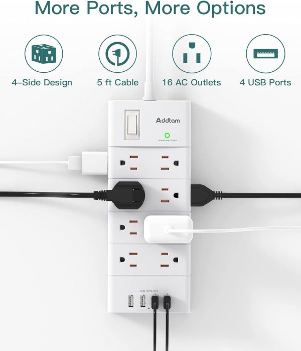 Power Bar with Surge Protector - Power Strip with 16 Outlets and 4 USB Ports 5Ft (1.5M) Flat Plug Extension Cord Indoor(3-Side), Wall Mount Charging Station for Home, Office and Dorm - Image 6