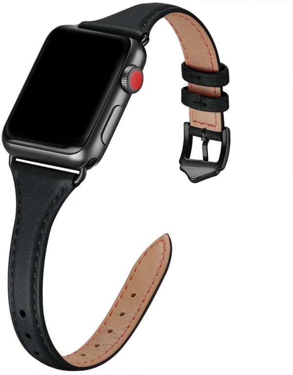 WFEAGL Leather Bands Compatible with Apple Watch 38mm 40mm 41mm 42mm 44mm 45mm, Top Grain Leather Band Slim&Thin Replacement Wristband for iWatch Series 7/6/5/4/3/2/1 (Black Band+Black Connector, 38mm 40mm 41mm) - Image 5