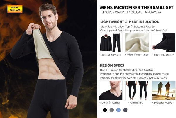 Men's Mid Weight Thermal Underwear Set, Fleece Lined Long Johns Warm Top & Bottom, Winter Warm Base Layer for Skinng - Image 2