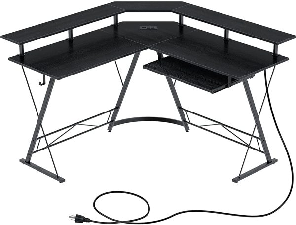 Computer Desk L-Shaped with Power Outlet and USB Port, 54" x 54" Corner Gaming Desk with Monitor Stand and Keyboard Tray, Home Office Desk with Hook, Black - Image 5