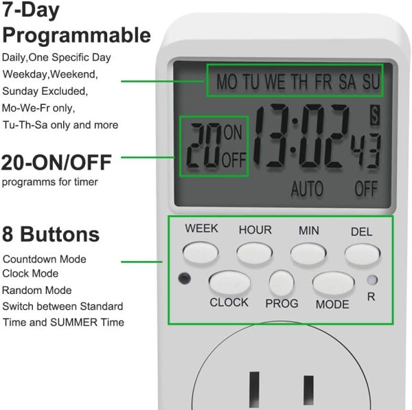 Outlet Timer, Digital Programmable Timer,  7 Day Weekly Heavy Duty Smart Indoor Timer for Electric Outlets, Wall Timer Switch Grounded - Image 7