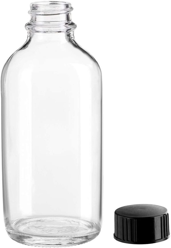 24 Pack Clear Boston Round with Black Poly Cone Cap, 4 oz Clear Glass Bottles Sample Bottles for Potion, Juice, Ginger Shots, Oils, Whiskey, Liquids