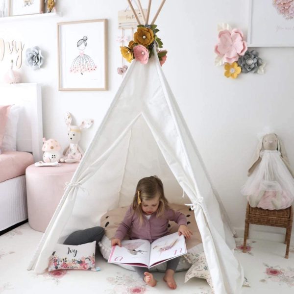 Monobeach Teepee Tent for Kids Foldable Children Play Tent for Girl and Boy with Carry Case 4 Poles White Canvas Playhouse Toy for Indoor and Outdoor Games  (White) - Image 2