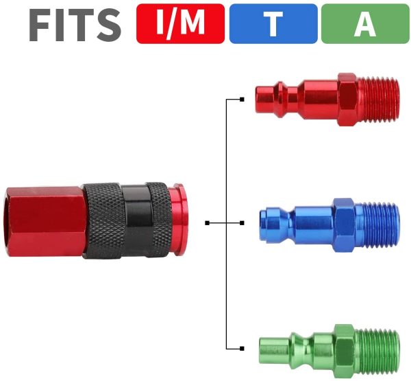 1/4 in x 25 ft Polyurethane Recoil Air Hose with Bend Restrictors Compressor Hose with 1/4" Industrial Universal Quick Coupler and I/M Plug Kit, Red - Image 5