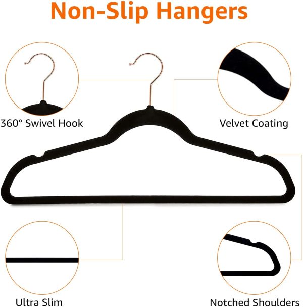 Amazon Basics Slim, Velvet, Non-Slip Suit Clothes Hangers, Black/Rose Gold - Pack of 50 - Image 5