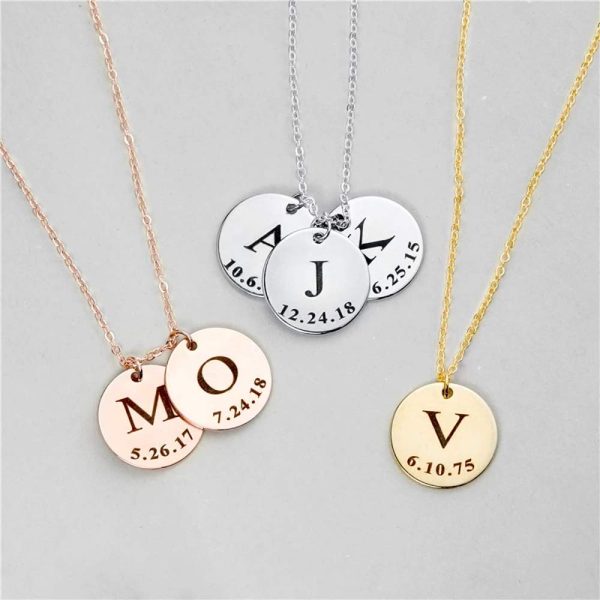 Personalized Engraved Initial A-Z Disc Pendant Necklaces with Initials & Date or Text 925 Sterling Silver/Copper Gift for Girl Women Mother's Day Gift - Image 9