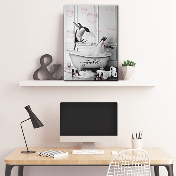 Bathroom Wall Art-Penguins In Bathtub with Pink Bubbles Funny Animals Pictures Wall Decor Black and White Canvas Prints Paintings for Home Decorations Framed Ready To Hang (Poster-1, 12"x18")