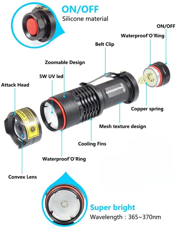 UV 365nm Light Wood's lamp  Blacklight Ultraviolet Flashlight LED Portable Mini Handheld Torch Detector for Dog Urine Pet Stains 370nm Anti-counterfeiting Identification, Resin Curing - Image 6