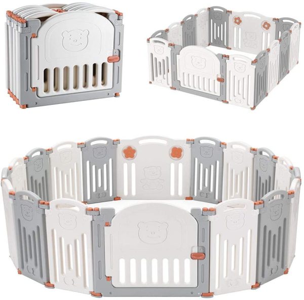 LIVINGbasics Foldable Baby Playpen, 14-Panel Kids Safety Activity Center Playard with Locking Gate, Adjustable Shape, Portable Design for Indoor Outdoor Use