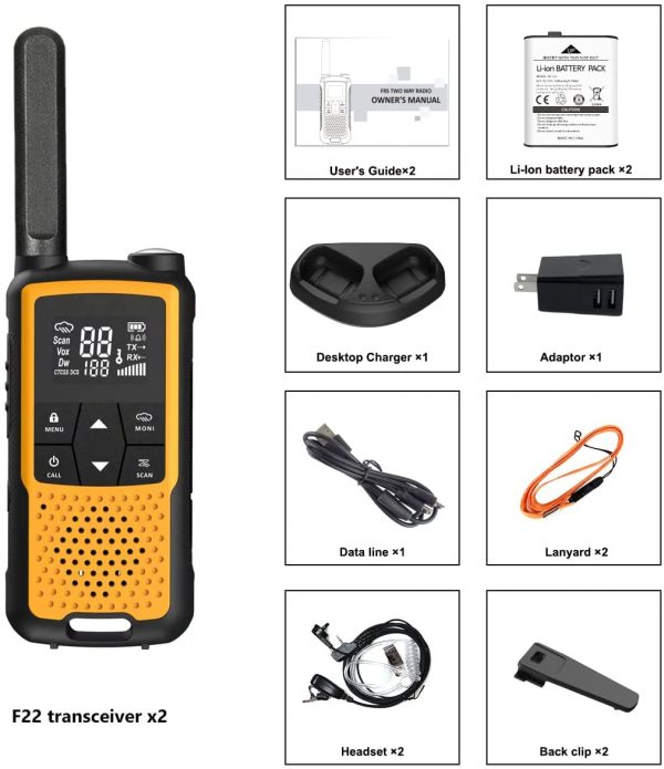 22 Channels FRS Radio Rechargeable NOAA VOX Hands Free 2 Pack with Gang Charger (F22-Orange)