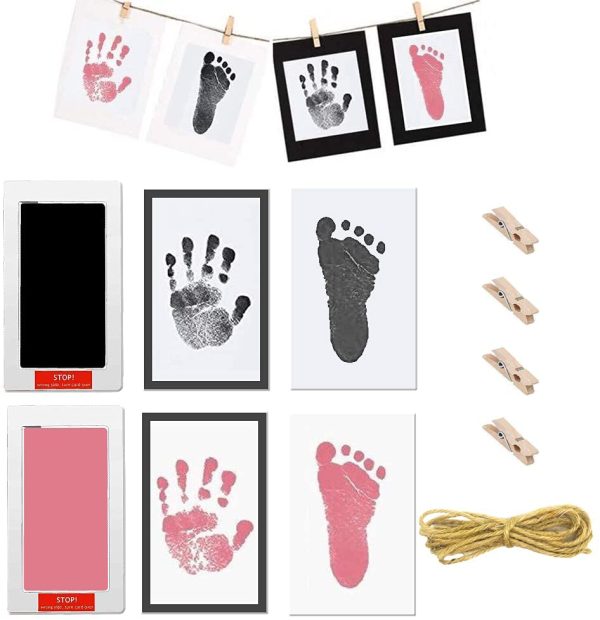 2 Sets Baby Footprint and Handprint Inkless Ink Pad,Baby Hand and Foot Prints Disposable Ink Souvenir, Comes with 1 Hemp Rope Length 2m,4 Wooden Clips ,4 Black and White Paper Photo Frames and 4 Imprint Card,for Baby Handprints and Footprints,Black and Pink - Image 2