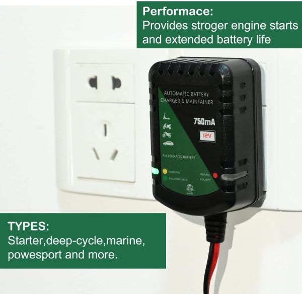 12 Volt Battery Charger Smart Automatic Battery Charger and Maintainer 12V Intelligent Trickle Charger 0.75A for Automotive Car Motorcycle Lawn Mower Boat ATV Sealed Lead Acid Batteries