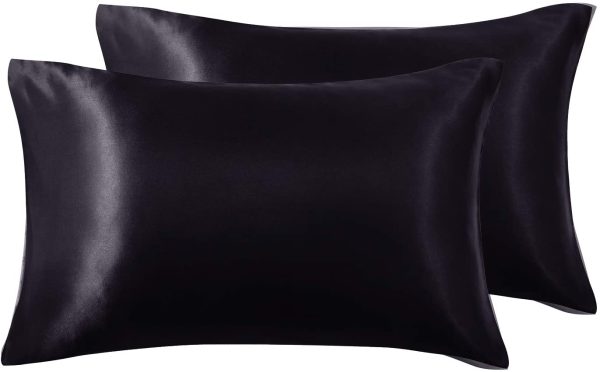 Silk Satin Pillowcase for Hair and Skin (Black, 20x26 inches) Slip Pillow Cases Standard Size Set of 2 - Satin Pillow Covers with Envelope Closure