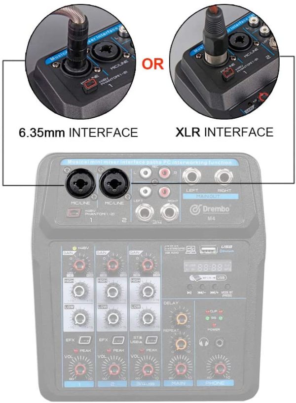 D Debra M4 Mini Audio Mixer Mixing Console Mixer Sound 4 Channel with Sound Board USB Bluetooth Audio Interface 48V Phantom Power Mixer Use for DJ Studio PC Recording Singing Webcast Party - Image 3