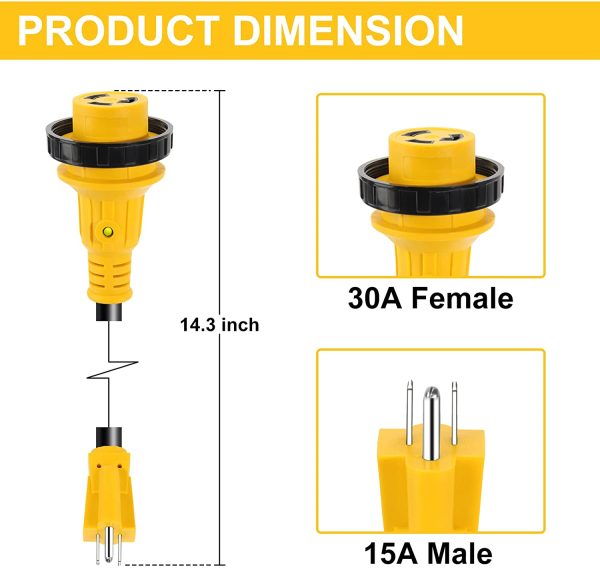 15 Amp to 30 Amp RV Power Adapter Cord 15A Male to 30A Female Power Adapter with Locking & LED Light Indicator RV Converter Plug Power Adapter for RV Trailer Motorhome Camper (15M/30F) - Image 3