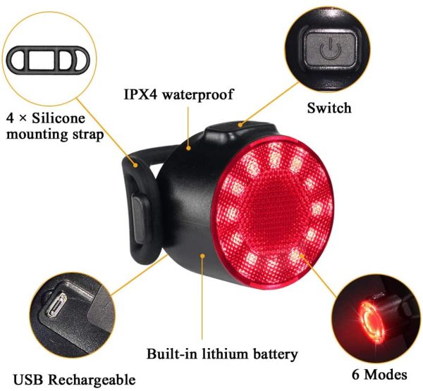 USB Rechargeable LED Bike Lights Set, Ultra Bright Front and Back Rear Bicycle Light Combo, IPX5 Waterproof Mountain Road Helmet Cycle Headlight and Taillight Set for Men Women Kids (6 Modes) - Image 9