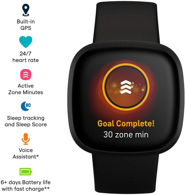 Fitbit Versa 3 Health & Fitness Smartwatch with GPS, 24/7 Heart Rate, Alexa Built-in, 6+ Days Battery, Black/Black Aluminum, One Size (S & L Bands Included) - Image 4