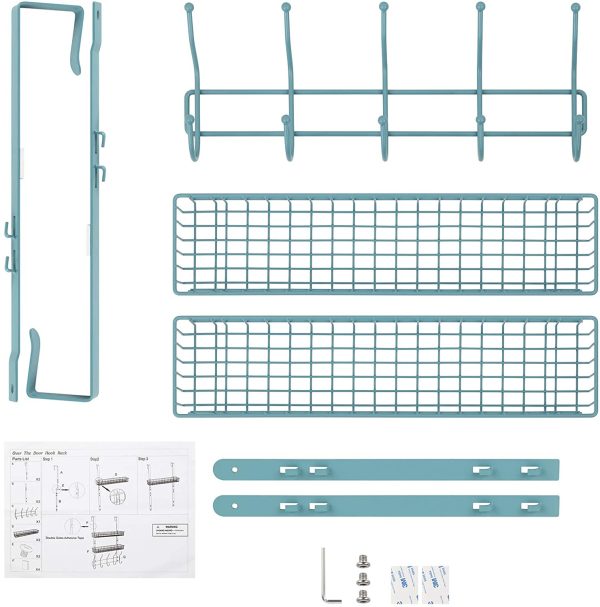 Over The Door Organizer Hanging Storage Shelf with 2 Baskets & 5 Hooks Spice Rack for Kitchen Closet Bathroom Bedroom Pantry - Image 6