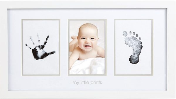 Pearhead Babyprints Newborn Handprint and Footprint Photo Frame Kit with Included Clean-Touch Ink Pad, Gender-Neutral Baby Keepsake, Baby Nursery Décor, White